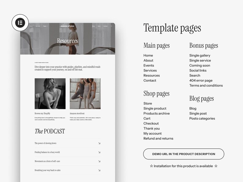 May include: A website template page layout with a minimalist design. The page features a header with the word "Resources" and a section titled "Template pages" with lists of main, shop, and blog pages. The design is clean and modern, with a focus on readability.