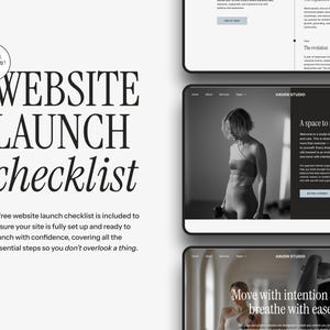 May include: A website launch checklist graphic with the text "WEBSITE LAUNCH checklist" in large, bold, black letters. The text "FREEBIE INCLUDED!" is in a circle. The image also includes website mockups.