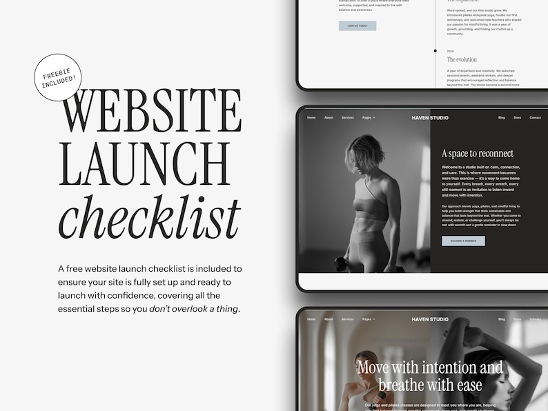 May include: A website launch checklist graphic with the text "WEBSITE LAUNCH checklist" in large, bold, black letters. The text "FREEBIE INCLUDED!" is in a circle. The image also includes website mockups.