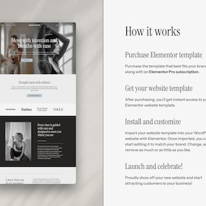 May include: A website template design with the text "Move with intention and breathe with ease." The design includes images of people exercising and the text "How it works."