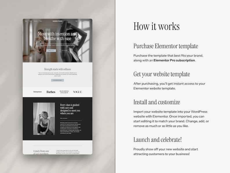 May include: A website template design with the text "Move with intention and breathe with ease." The design includes images of people exercising and the text "How it works."