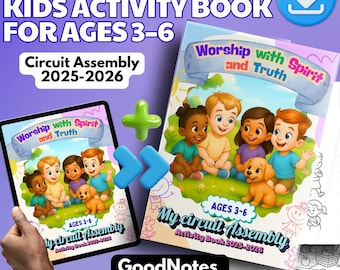 Può includere: Un libro di attività interattivo JW per bambini dai 3 ai 6 anni. La copertina presenta un'illustrazione colorata di bambini e un cucciolo. Il testo recita "Worship with Spirit and Truth" e "My circuit Assembly Activity Book 2025-2026". Include una versione per tablet.