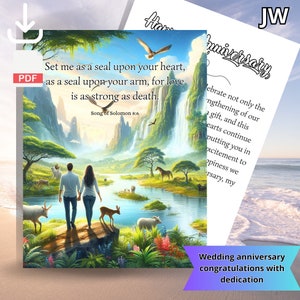 JW. Carte de voeux d'anniversaire de mariage avec dédicace. Verset de la Bible; Cantique des Cantiques 8 : 6. Téléchargement instantané en pdf. Image du paradis