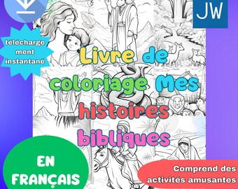 May include: A black and white coloring book with the title "Livre de coloriage mes histoires bibliques" in French. The book features illustrations of biblical stories, including a snake, a man riding a horse, and a woman with a child. The book is available for instant download.