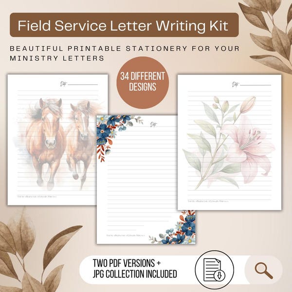 Kit para escribir cartas de servicio en el campo: Papelería imprimible para cartas de predicación y ministerio / 2 versiones en PDF + 34 diseños en JPG