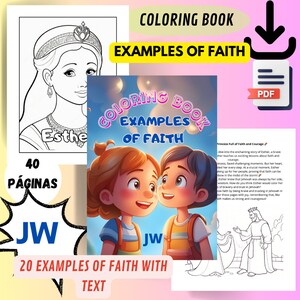 Puede incluir: Un libro para colorear con 20 ejemplos de fe con texto. La portada presenta una ilustración colorida de dos niños que se sonríen. El título del libro es "Coloring Book Examples of Faith". El libro tiene 40 páginas y está publicado por JW.