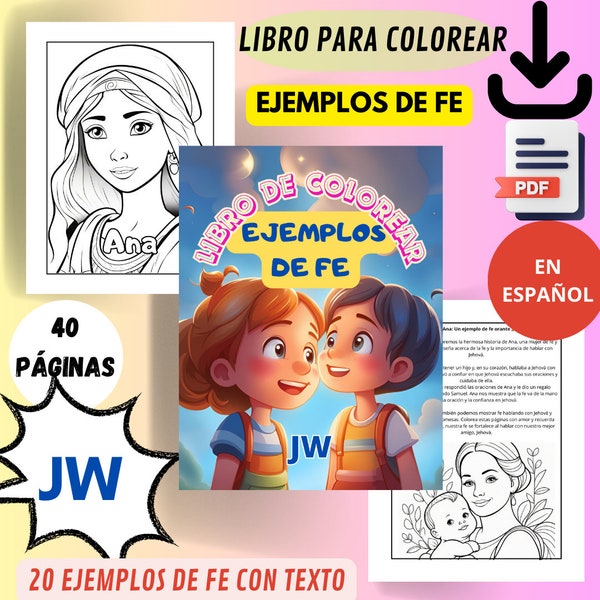 JW. Libro para colorear. 20 ejemplos de fe, hojas para colorear con texto. De 3 a 12 años. Regalo para los niños de la congregación.