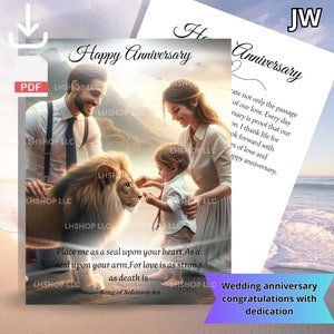 JW. Tarjeta de felicitación de aniversario de boda con dedicatoria. versículo de la Biblia; Cantares 8:6. Descarga instantánea en pdf. producto digital. Regalo JW.