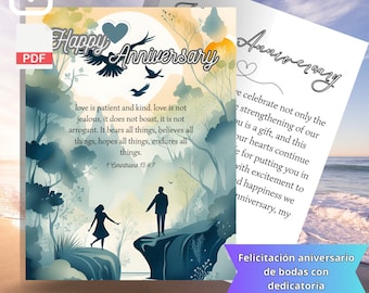 JW. Wedding Anniversary Greeting Card with Dedication. Bible verse; 1 Corinthians 13;4,7 Instant download in pdf. digital product.