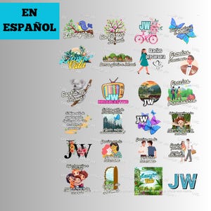 Puede incluir: Una colección de pegatinas digitales coloridas con varios diseños y frases relacionadas con la fe de los Testigos de Jehová. Las pegatinas incluyen imágenes de una bicicleta, un koala, un pájaro, mariposas, una televisión y un grupo de personas. El texto en las pegatinas incluye frases como "Confia en Jehova", "Demos gloria a Jehova" y "Gracias precursores".