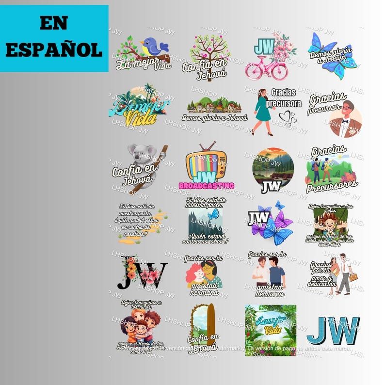 May include: A collection of colorful digital stickers featuring various designs and phrases related to the Jehovah's Witnesses faith. The stickers include images of a bicycle, a koala, a bird, butterflies, a television, and a group of people. The text on the stickers includes phrases like "Confia en Jehova", "Demos gloria a Jehova", and "Gracias precursores".