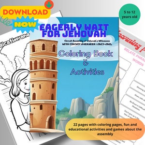 Puede incluir: Portada de libro para colorear y actividades para niños, con el título "Eagerly Wait for Jehovah". La ilustración muestra una torre y montañas de dibujos animados, con el texto "Coloring Book & Activities". Para niños de 5 a 12 años.