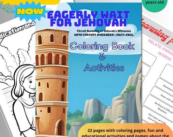 Könnte beinhalten: Ein Malbuch und Aktivitätsbuch für Kinder mit dem Titel "Eagerly Wait for Jehovah". Das Cover zeigt eine Cartoon-Illustration eines Turms und Berge, mit dem Text "Coloring Book & Activities". Für Kinder im Alter von 5 bis 12 Jahren.