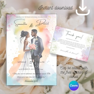 ensemble d'invitations de mariage, JW, plus carte de remerciement avec verset biblique, image artistique à l'aquarelle, à imprimer ou à envoyer en ligne, téléchargement instantané