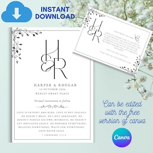 Modèle d'invitation de mariage minimaliste JW avec verset biblique. 1 Corinthiens 13 :4-8. téléchargement instantané, à envoyer en ligne ou à télécharger pour imprimer