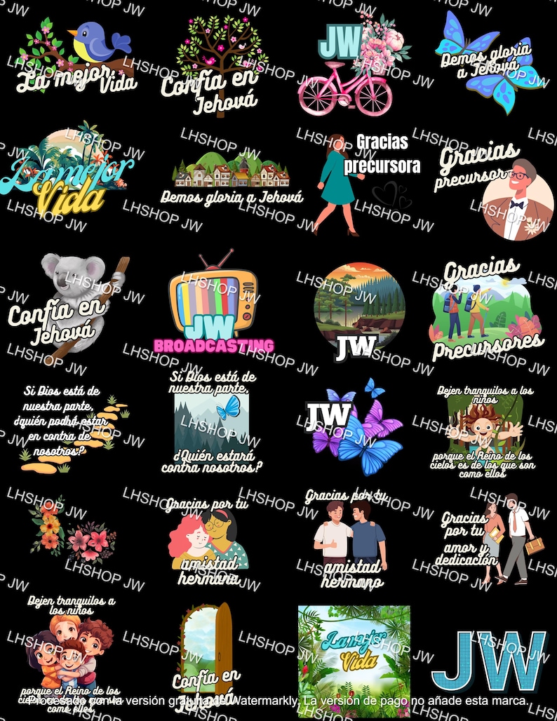 May include: A collection of colorful digital illustrations featuring religious themes and messages. The images include text in Spanish, such as "Conf&iacute;a en Jehov&aacute;" and "La mejor Vida".