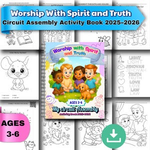 Cahier d&#39;activités de l&#39;Assemblée du circuit JW Kids 2025-2026 — « Adorer avec esprit et vérité » — 3-6 ans | PDF imprimable. Cadeaux JW Enfants