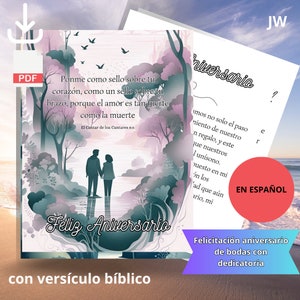Félicitation anniversaire de mariage. JW. En espagnol avec versículo biblique, page supplémentaire avec dédicace d'amour. Télécharger numérique en PDF