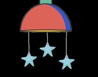 May include: A colourful baby mobile with a red, yellow, blue and green hanging dome and three blue star-shaped ornaments.