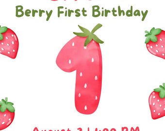 Strawberry 1st Birthday Invitation & Time Capsule Sign: Editable Canva Template (Digital Download)