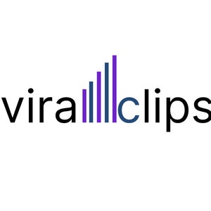 Pode incluir: Um logotipo para uma empresa chamada "viralclips" com um gráfico de barras em roxo e azul.