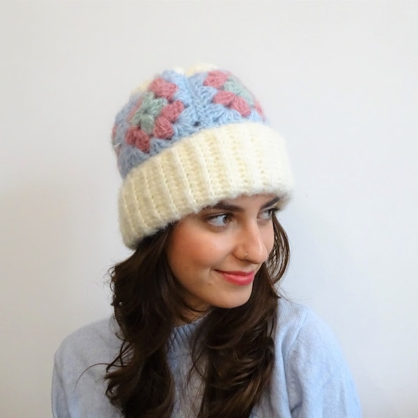 Pattern Crochet Winter Mohair Chunky Granny Square Hat Beanie