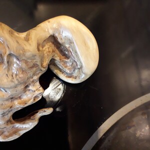 Puede incluir: Una escultura de madera lisa de color marrón claro con una forma orgánica única. La escultura tiene una superficie texturizada y parece estar hecha de una sola pieza de madera.