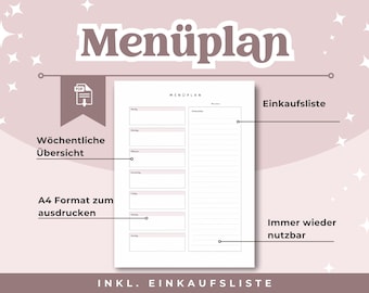 Plan de menú con lista de la compra | Planificador semanal de cocina | Plan de comidas imprimible en formato A4 | Planificador de comidas en alemán | Descarga instantánea en PDF | Plan de nutrición familiar