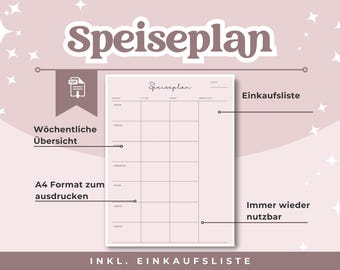 Meal plan Menu plan Weekly plan Menu planner KitchenTemplate Shopping list Organizer 7 days Meal Planner German Download Family Shopping list