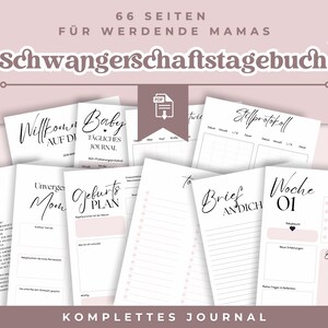 May include: A collection of white paper pages with black script, including the words "Schwangerschaftstagebuch" and "Baby". The pages are arranged on a pink background with star accents. The text "66 SEITEN FÜR WERDENDE MAMAS" is also visible.