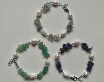 Armbänder aus Edelsteinen aventurine, blue sodalite, labradorit und Süßwasserperlen//mermaid core