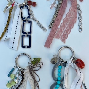 handmade keychains/bag charms, bag chains, true vintage components, y2k bag charms, fairy core, cottage core, boho style, navy blue, green