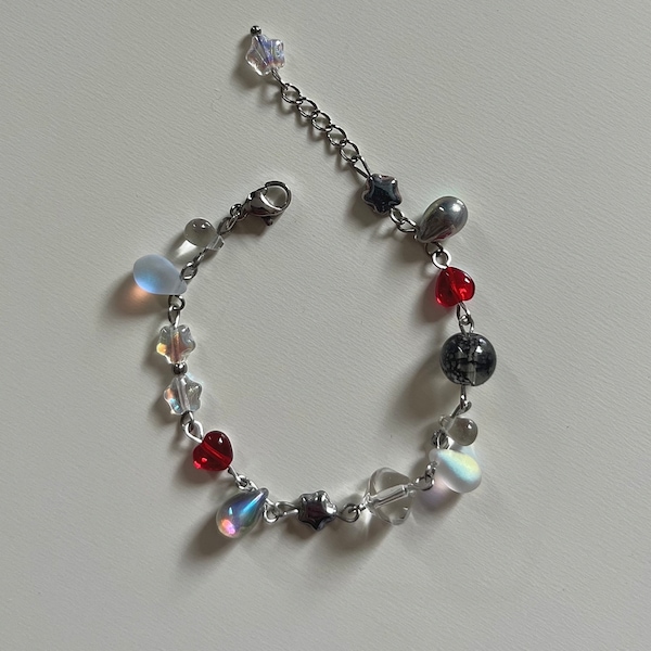 y2k kpop bracelet aesthetic edgy silver grey red glass beads trendy beads selfmade