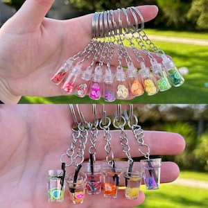 Mini Fruit Keychain Pendant Keyring Key Accessories Glass Bottle Drink Watermelon Banana Strawberry Kiwi Lime Orange Summer Kids Party Gifts