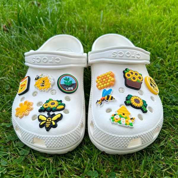 Honey Bee Themed Crocs Clogs Charms Shoe Clip Jibbitz Badge Yellow Flower Wasp Butterfly Quotes Pollen Nectar Yellow Black Honeycomb Garden