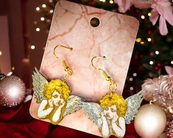 Hand-Painted Cherub Earrings: Metallic Angel Dangles