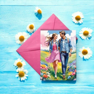 Sentirse lindo: hermosa tarjeta de amor imprimible: pareja en acuarela en un prado