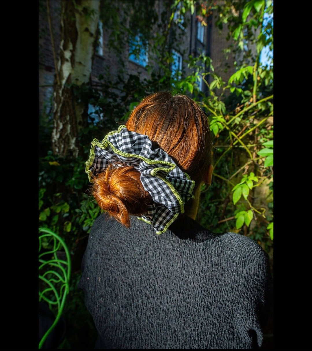 Stunning Black and White Gingham XL Scrunchie With Lime-green Stitching ...