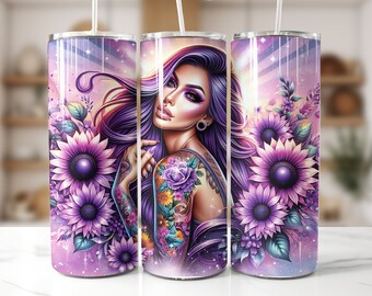 Lila Sonnenblumen Tattoo 20 Unzen Skinny Tumbler Wrap, eingefärbten Sublimationsdesign, sofortiger digitaler Download PNG, Tattoo Girl Tumbler Wrap Seamless