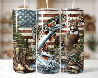 American Flag Trout Fishing Deer Camo Seamless Tumbler Wrap 20oz Skinny ...