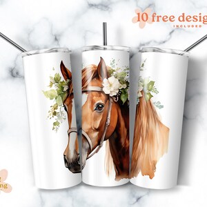 Horse Watercolor 20oz Sublimation Tumbler Designs, Floral equestrian 9.2 x 8.3” Straight Skinny Tumbler Wrap PNG