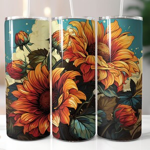 Colorful Sunflowers 20oz Sublimation Tumbler Designs, sunflowers 9.2 x 8.3” Straight Skinny Tumbler Wrap PNG