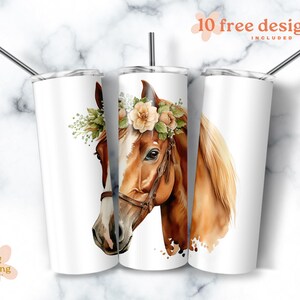 Horse Watercolor 20oz Sublimation Tumbler Designs, Floral equestrian 9.2 x 8.3” Straight Skinny Tumbler Wrap PNG