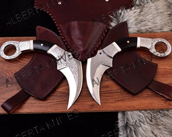 Paire de couteaux Karambit faits main avec étui en cuir, couteau de combat Karambit, Damas Karambit avec étui, cadeau pour lui, couteaux personnalisés