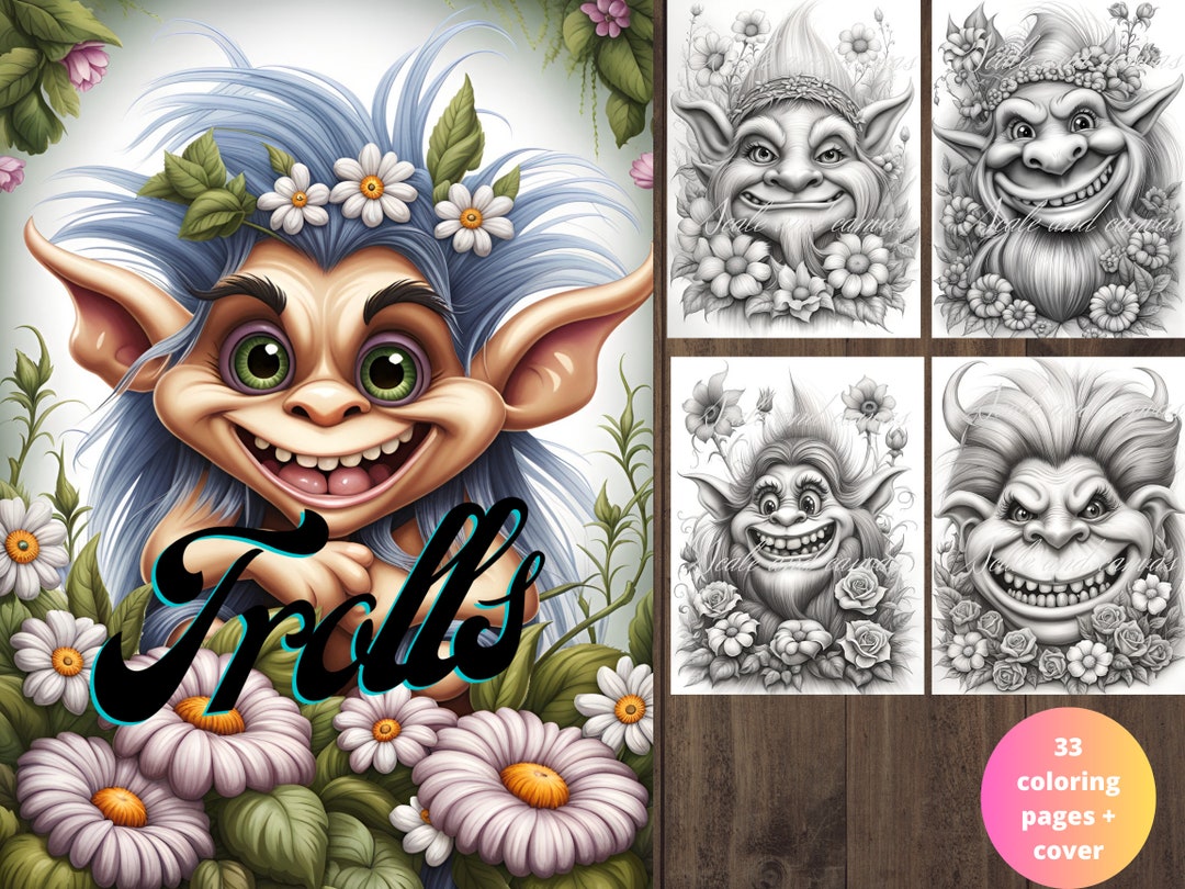 33 Grayscale Trolls Coloring Book Set Printable Adult Coloring Pages ...