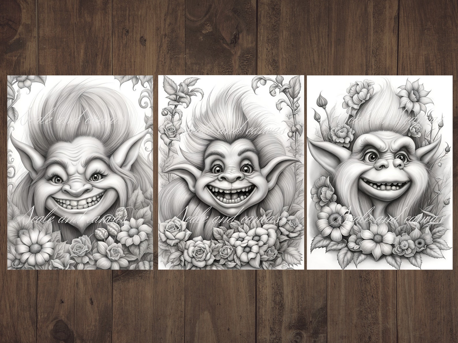 33 Grayscale Trolls Coloring Book Set Printable Adult Coloring Pages ...