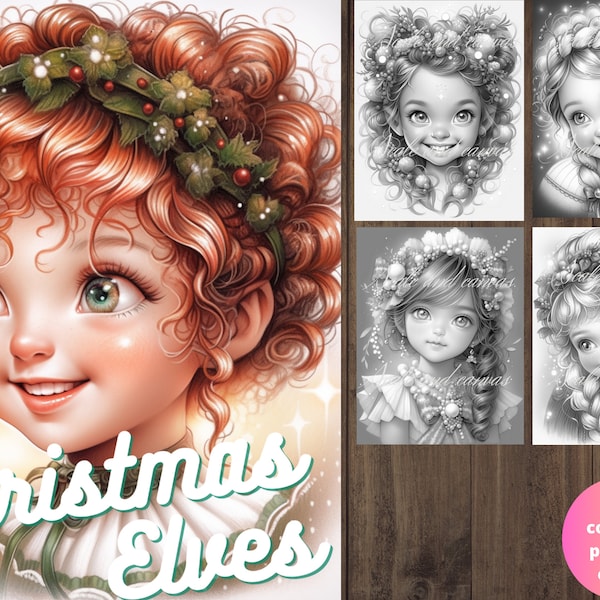 30 Grayscale Christmas elves Coloring Book Set | Printable Adult Coloring Pages | Download Grayscale Illustration | Printable PDF file