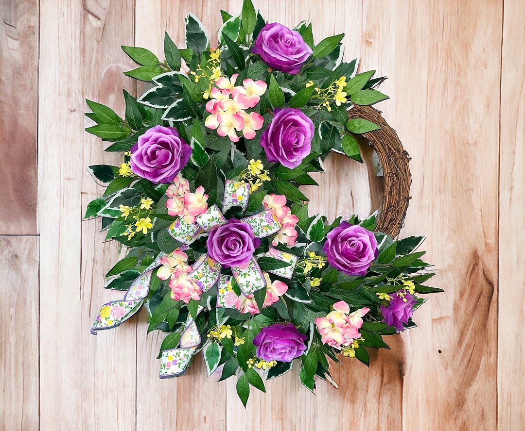Spring Door Wreath, Summer Wreath, Purple Rose Wreath, Spring Floral