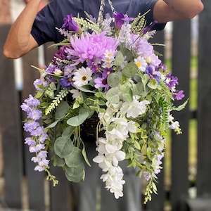 Artificial Hanging Basket, hanging basket - purple and white Spring and summer floral arrangement- no maintenance hanging basket