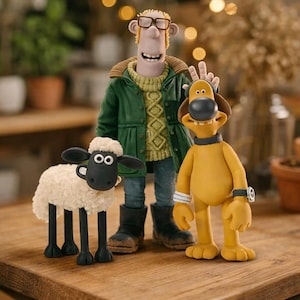 Op de afbeelding: Een groep Shaun het Schaap-figuren, waaronder Shaun, Timmy en Bitzer, wordt gepresenteerd op een houten oppervlak. Shaun is een wit schaap met een zwart gezicht. Timmy is een gele hond met een zwarte neus. De personages komen uit de animatieserie.